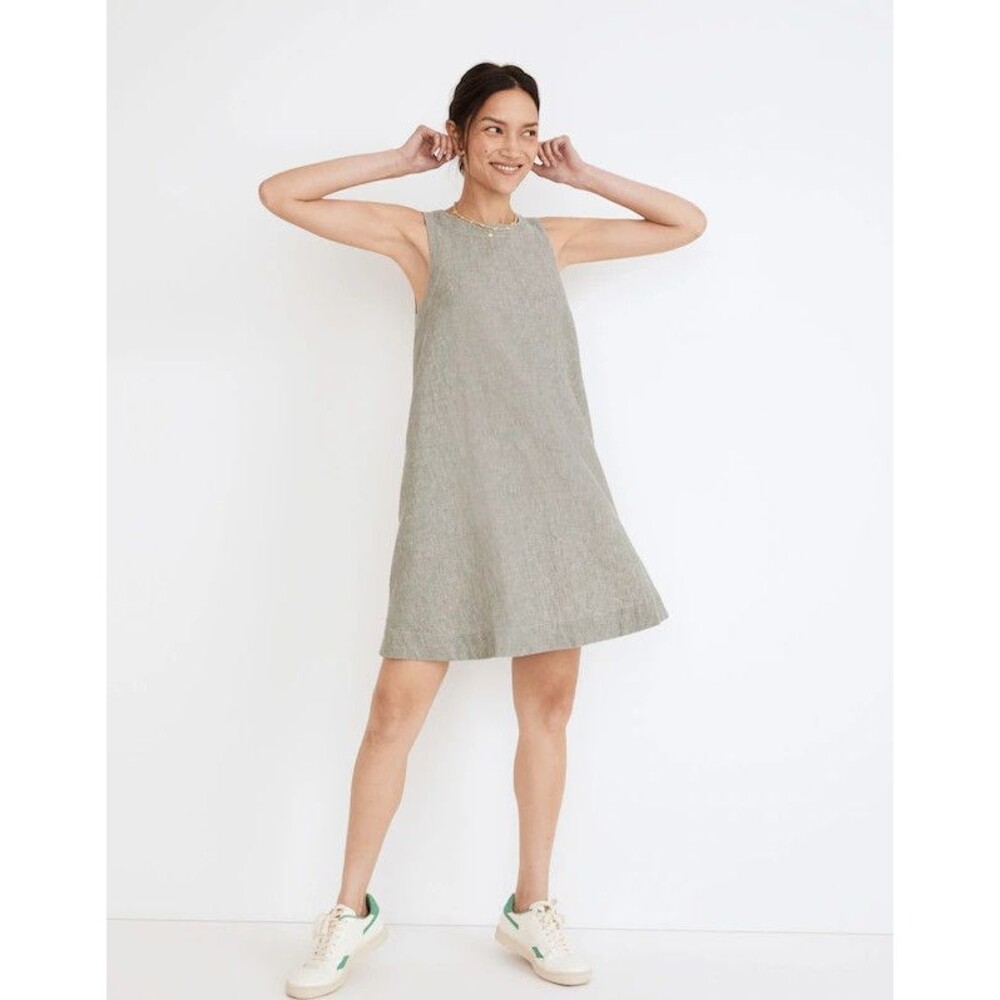 Madewell Dress Womens Medium Gray Linen Cotton Button Back Tank Shift Pockets